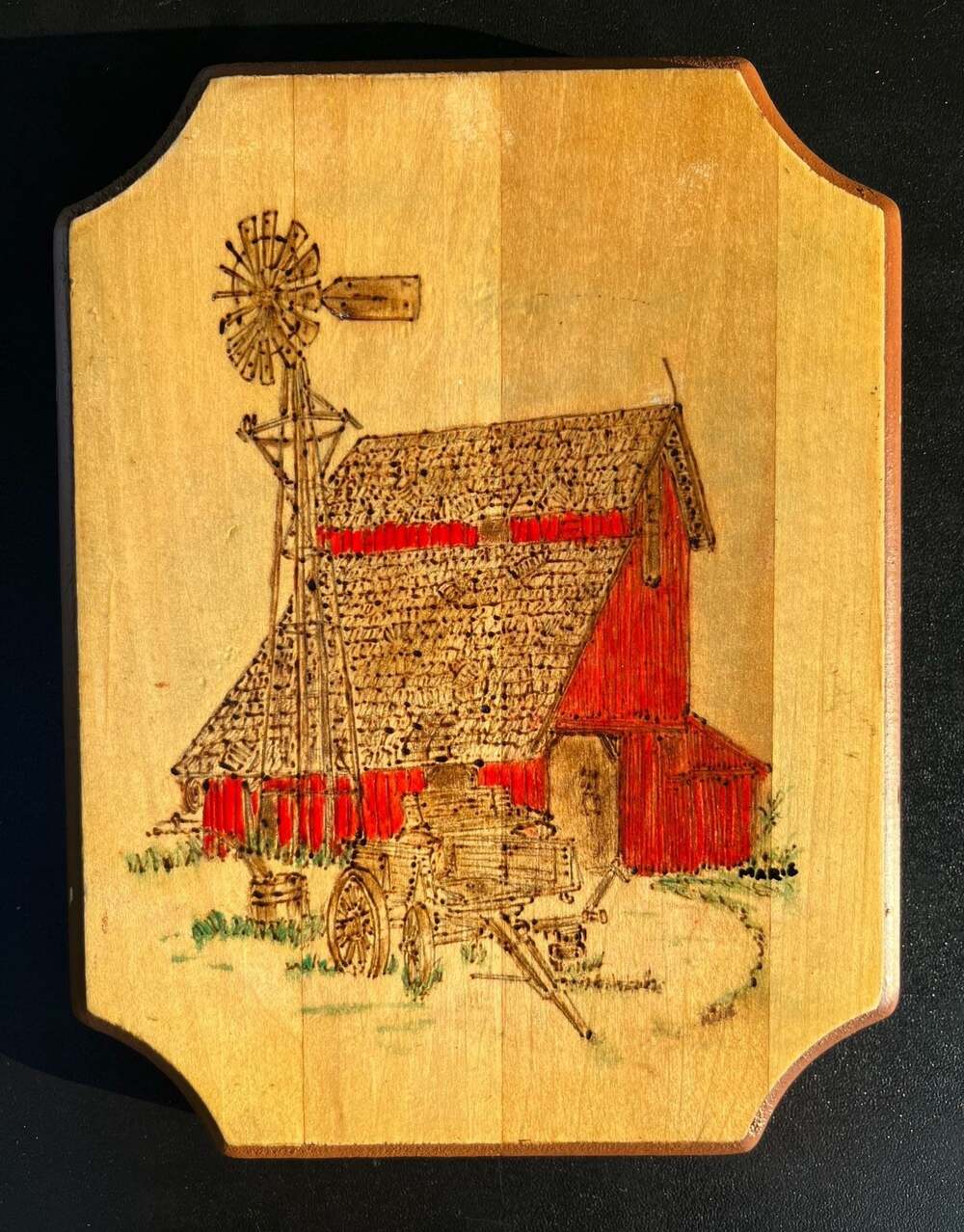 Handmade Farmhouse Barn and Windmill Pyrography Wooden Plaque